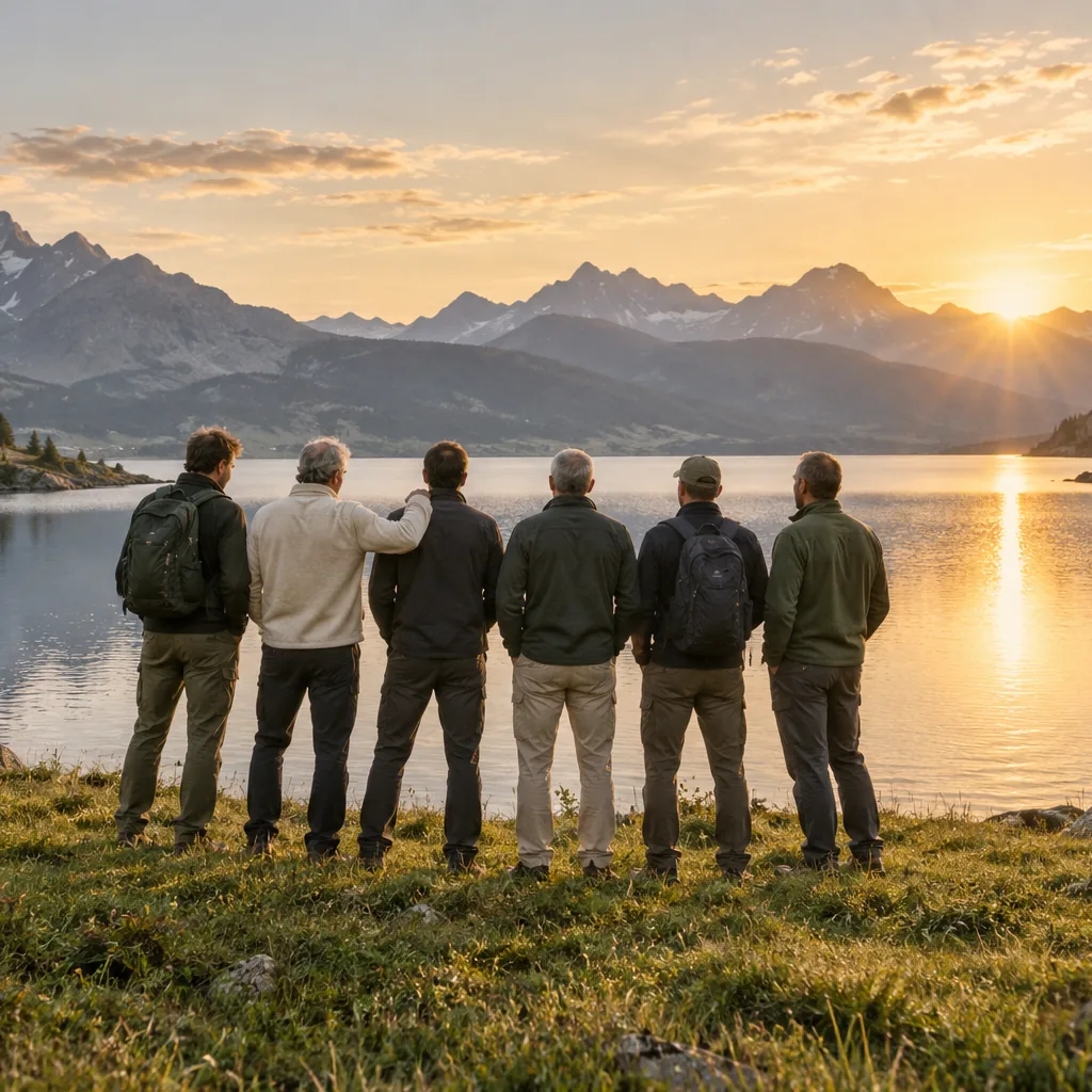 Six men standing together at the edge of an Alpine lake, watching the sun rise over the mountains.