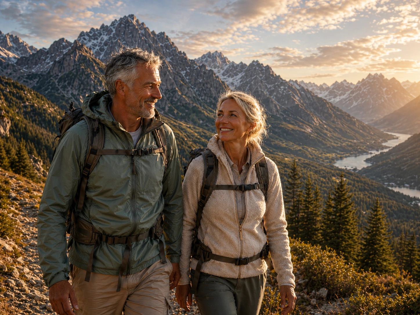 Two hikers smiling at each other on a mountain trail in golden evening light.