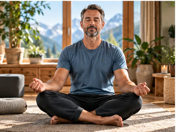 A man meditating on a rug, plants and mountains behind him